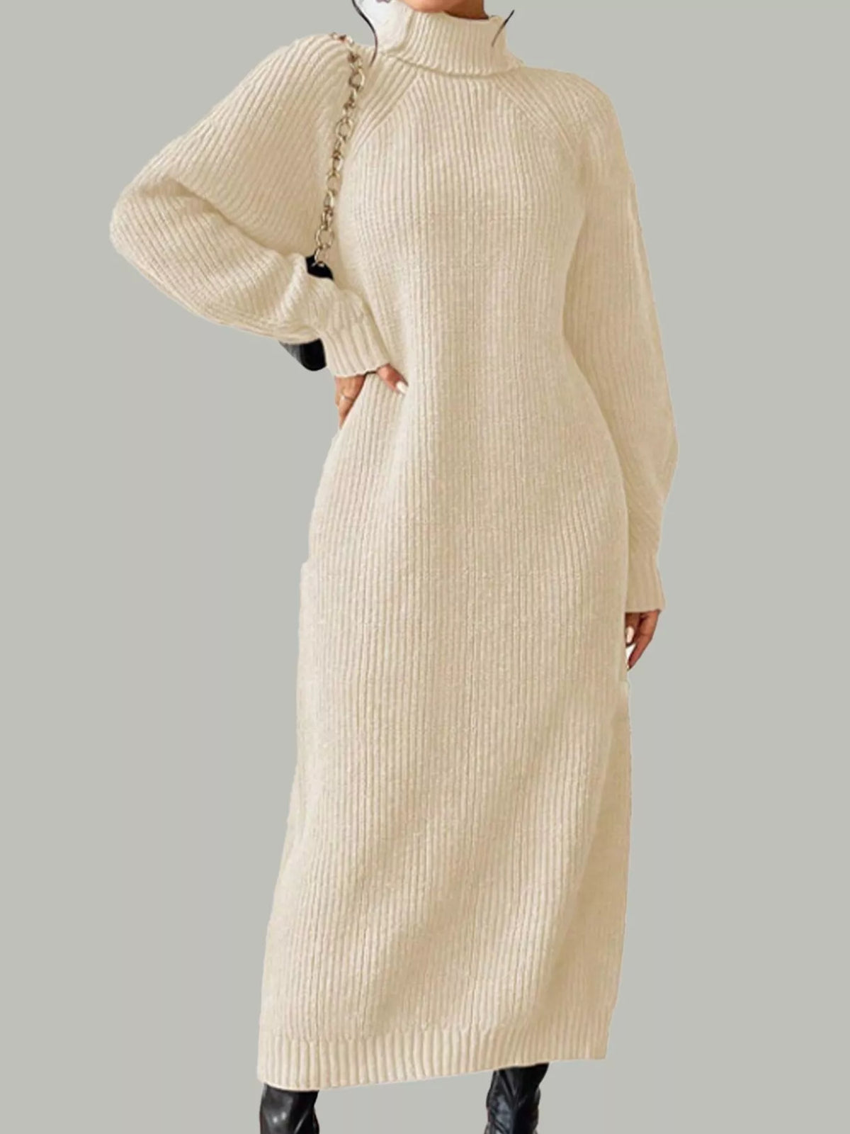 Turtleneck Ribbed Knit Midi Sweater Dress in beige, front view
