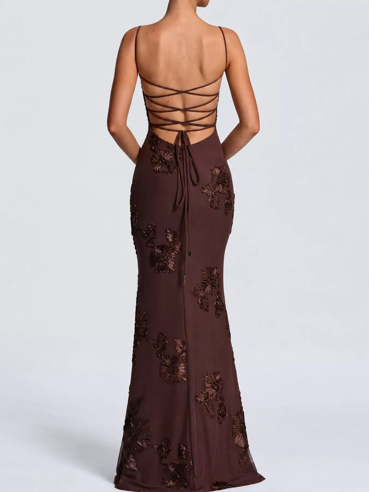 Floral spaghetti-strap maxi dress, back view