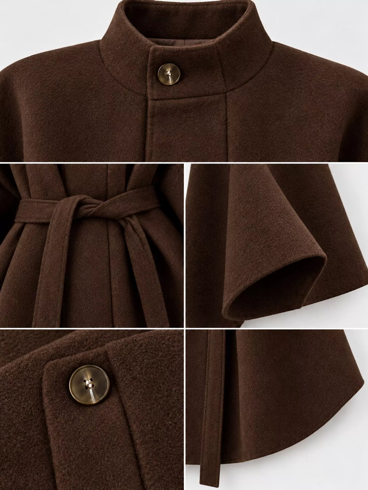 Dark brown tie-waist cape — design and construction details