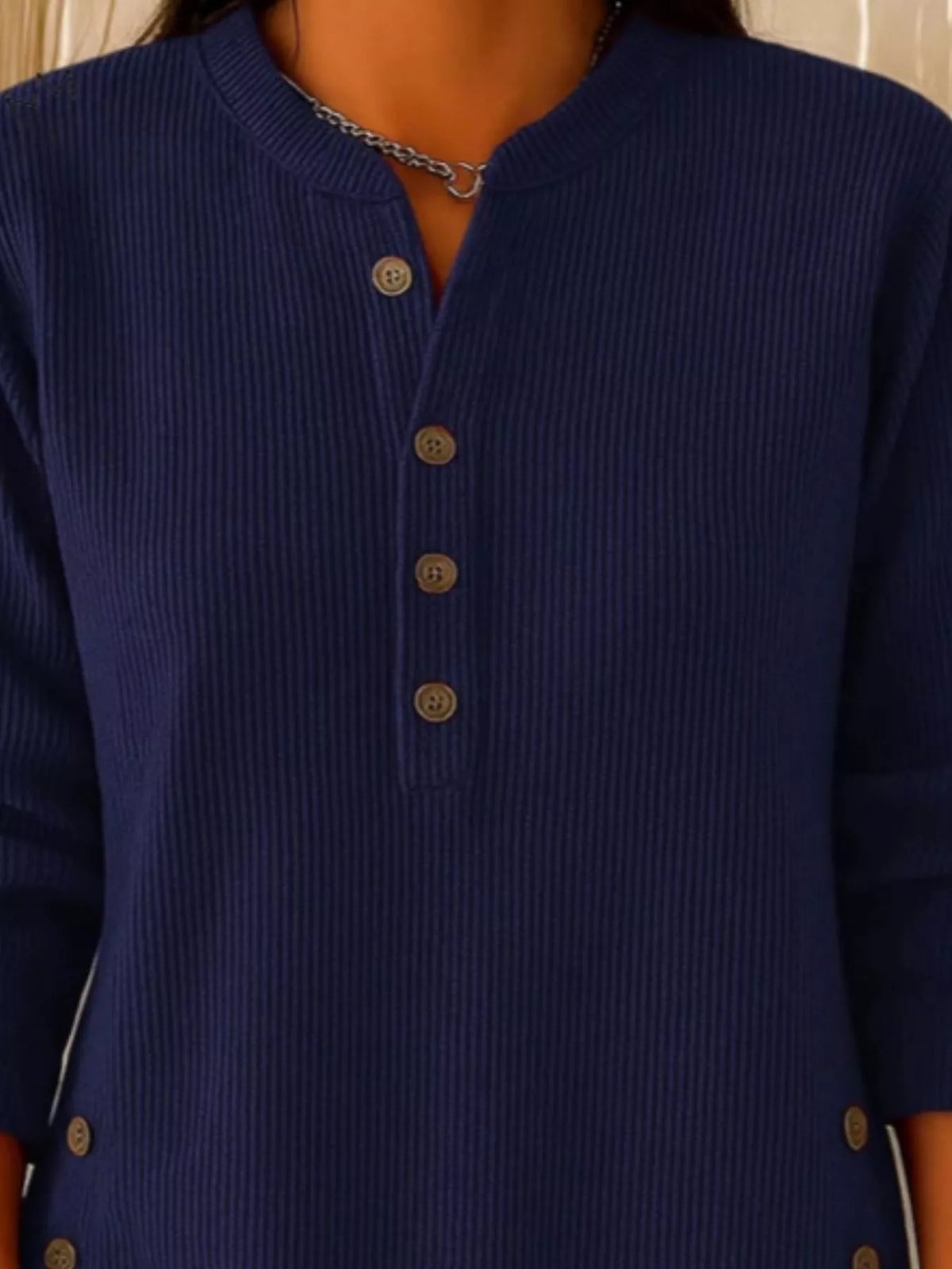 Women's Button Detail Corduroy Top in Navy Blue, alternate view