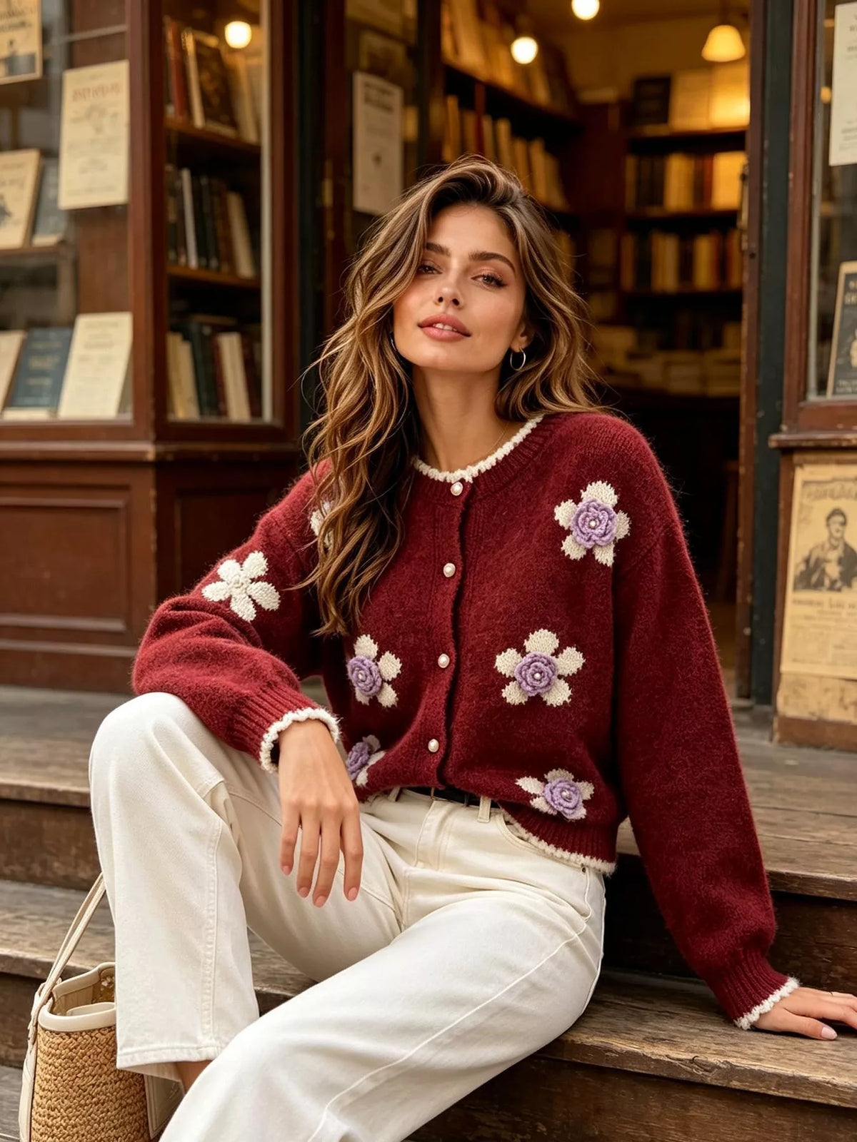 Floral-applique knit cardigan in burgundy, seated front view