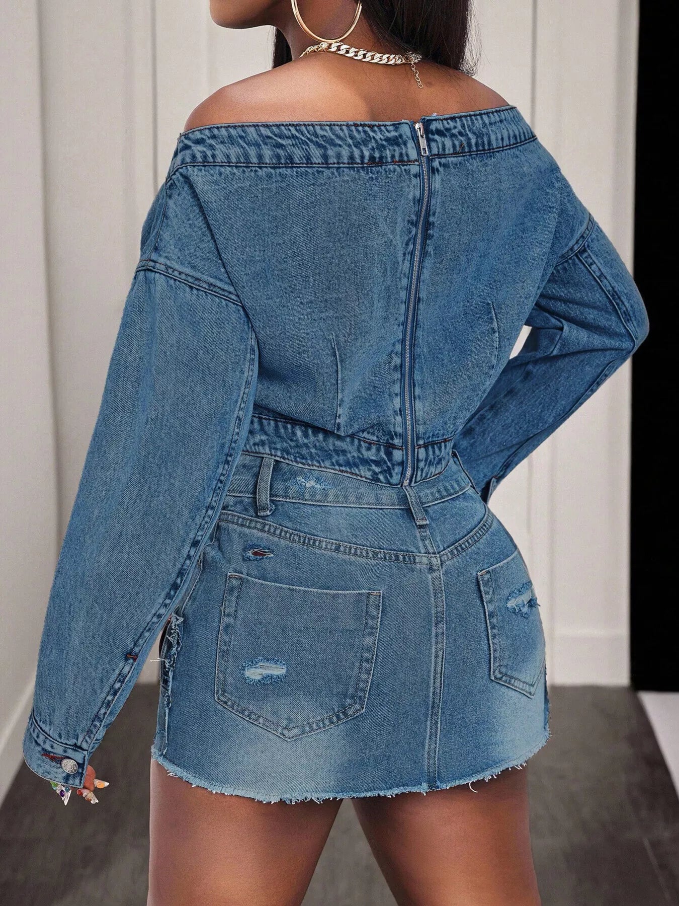 Trendsi Off-Shoulder Long Sleeve Denim Top -