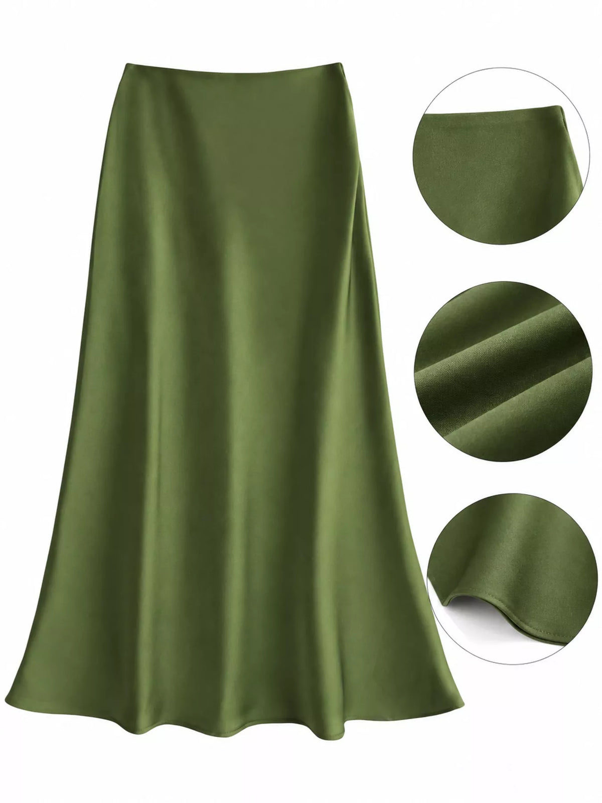 Zip-up satin skirt, olive waist fabric and hem details