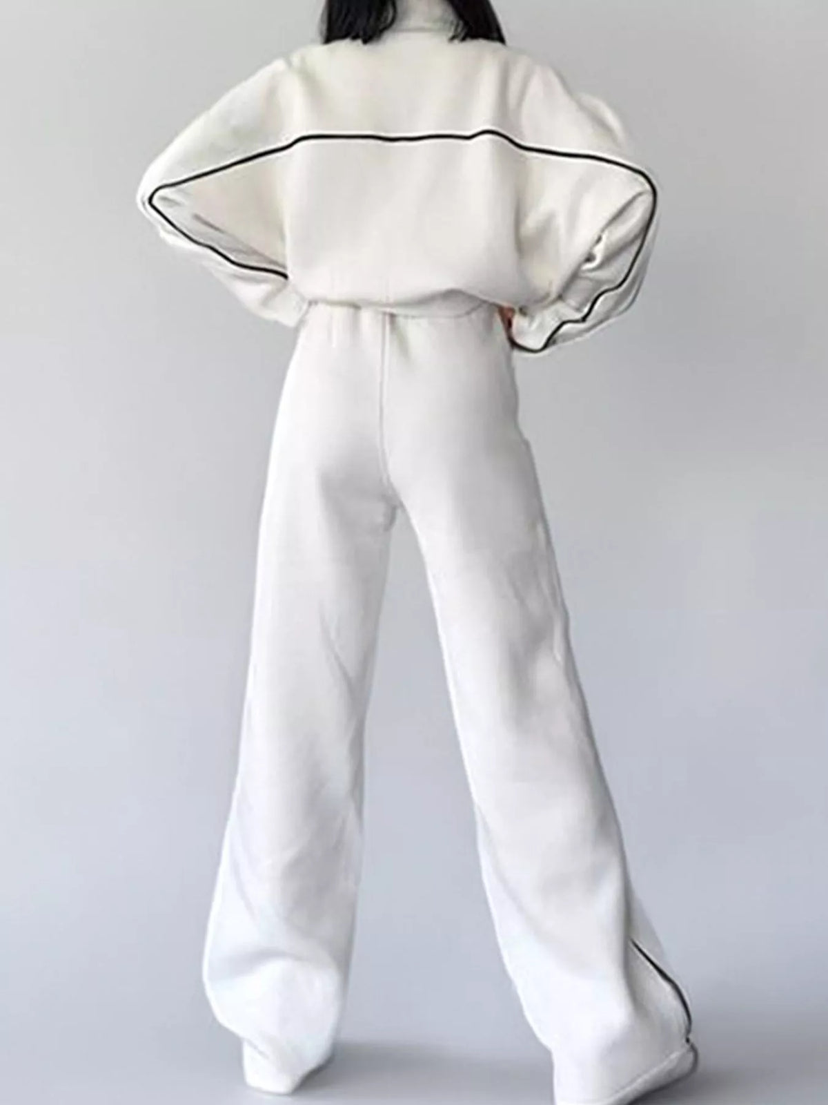 White zip-up jacket and wide-leg pants set