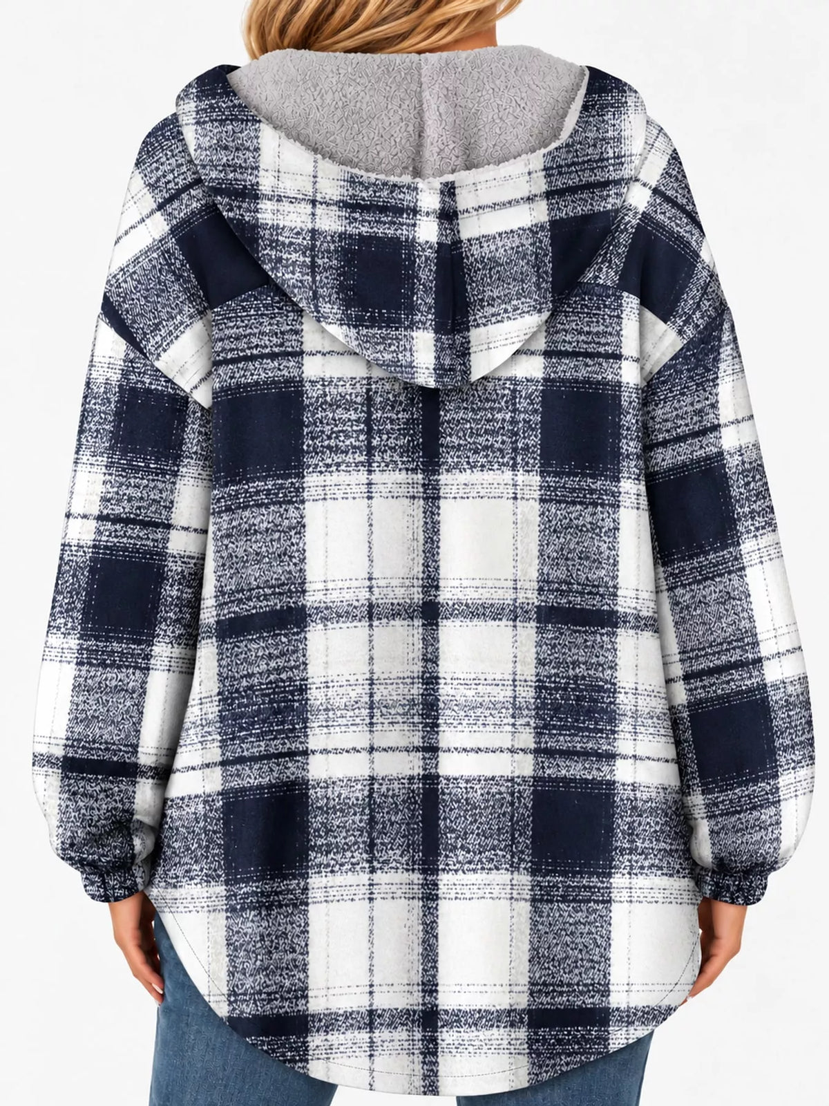 Navy Blue plaid hooded button up jacket, back view