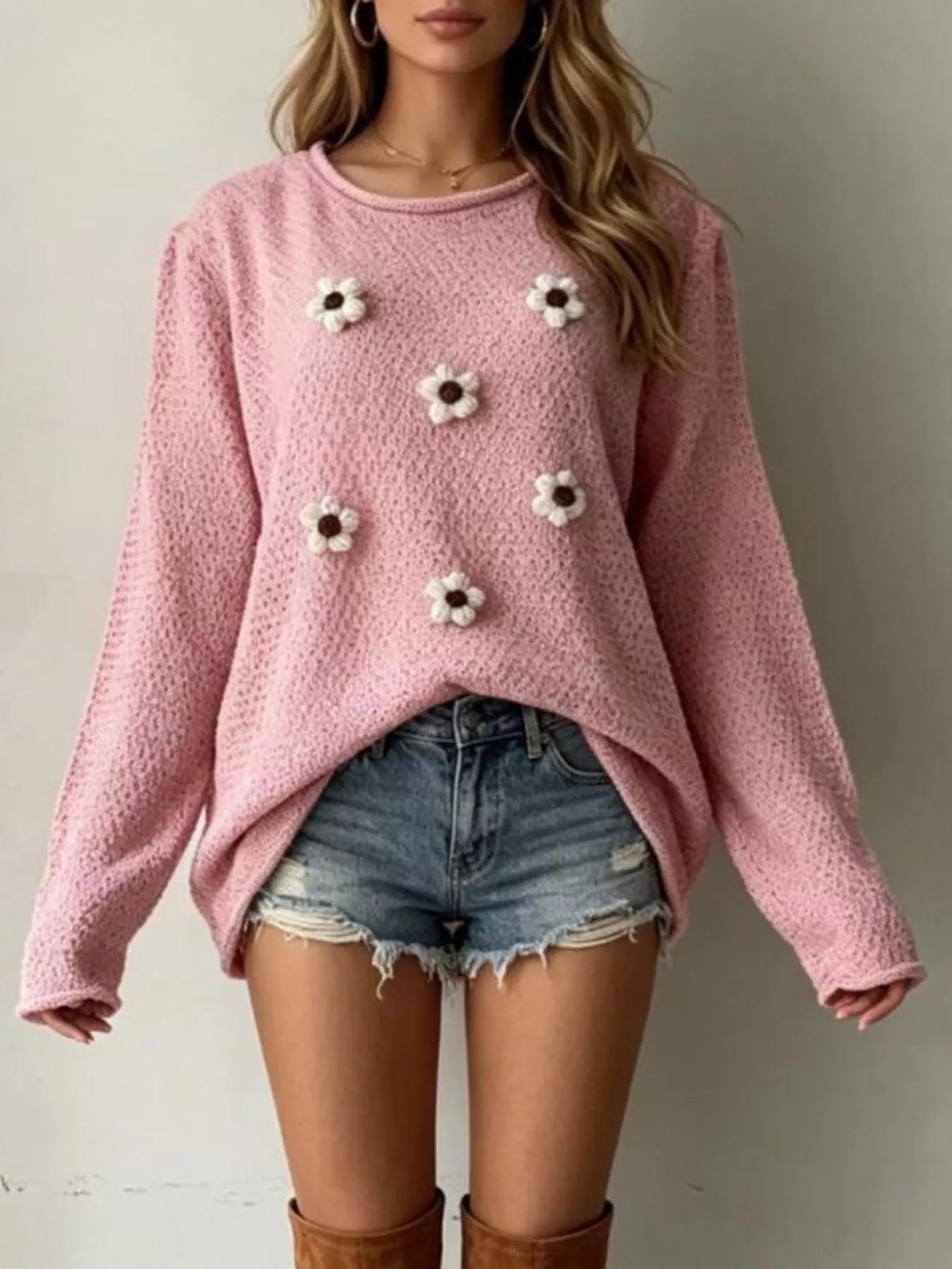 Trendsi Full Size Floral Applique Textured Knit Sweater Plus Size -