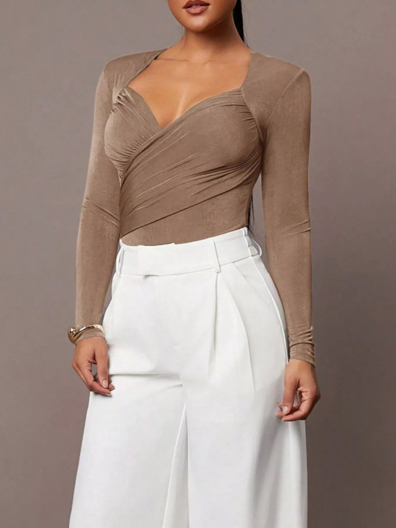 Trendsi Ruched Surplice Long Sleeve Bodysuit -