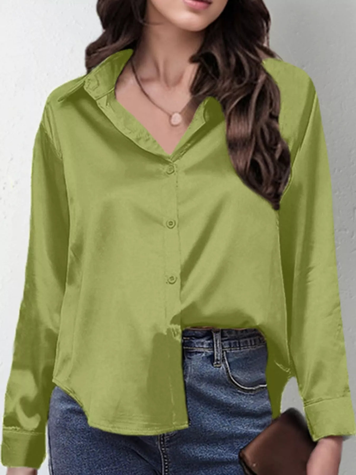 Olive satin button-down long sleeve shirt