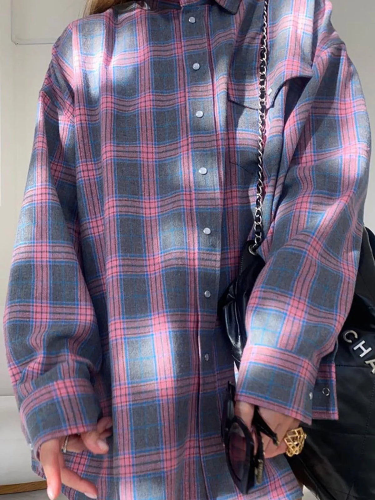 Gray and pink plaid button-down shirt