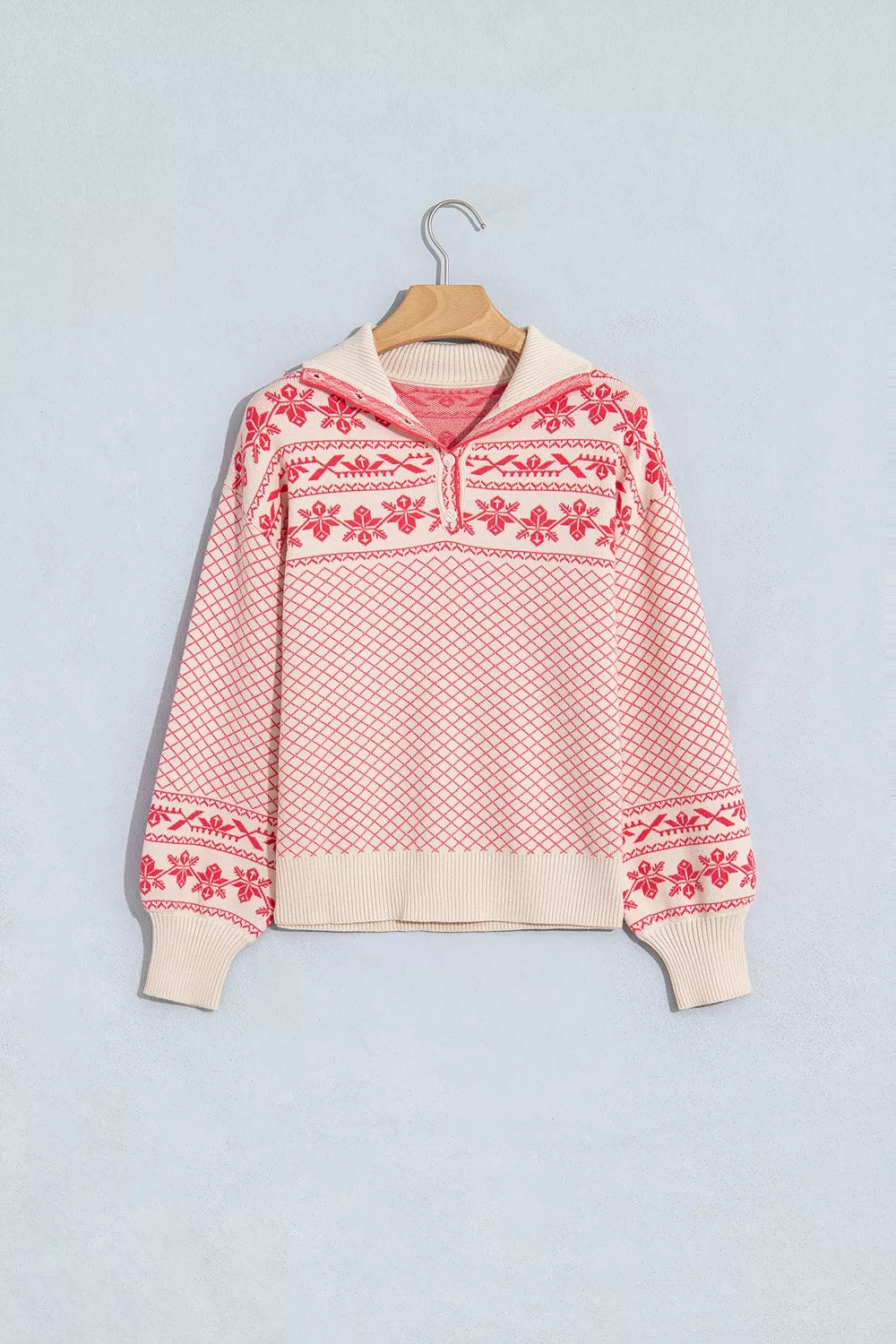 Pale Blush Fair Isle Quarter-Button Mock Neck Sweater front view on hanger