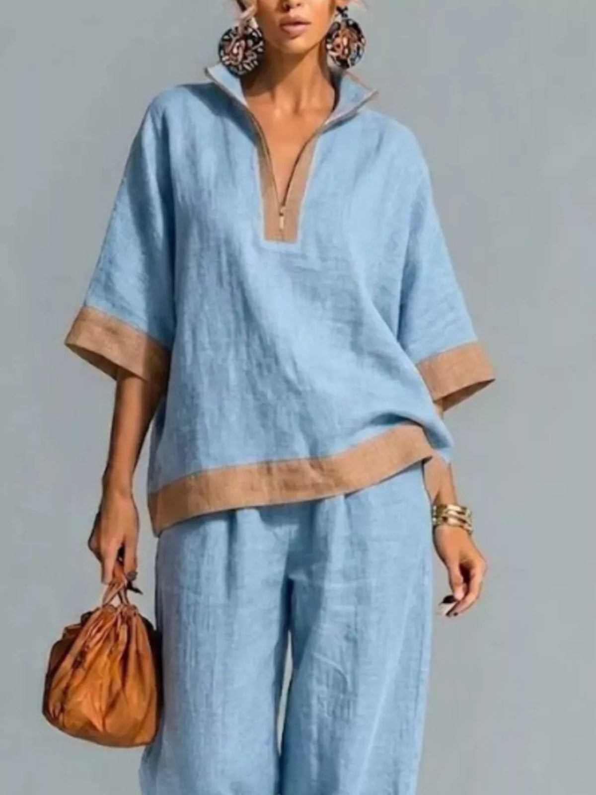 Trendsi Full Size Contrast Trim Top and Wide Leg Pants Set Plus Size -