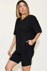 Trendsi Basic Bae Full Size V-Neck Drop Shoulder T-Shirt and Shorts Set -