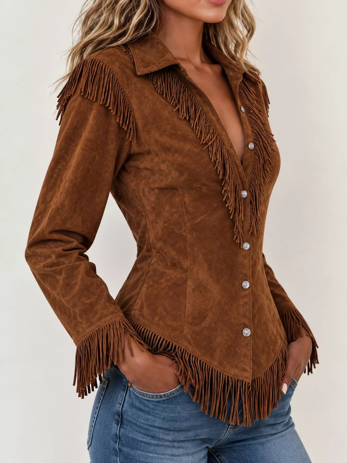 Fringe-detail shirt, brown side