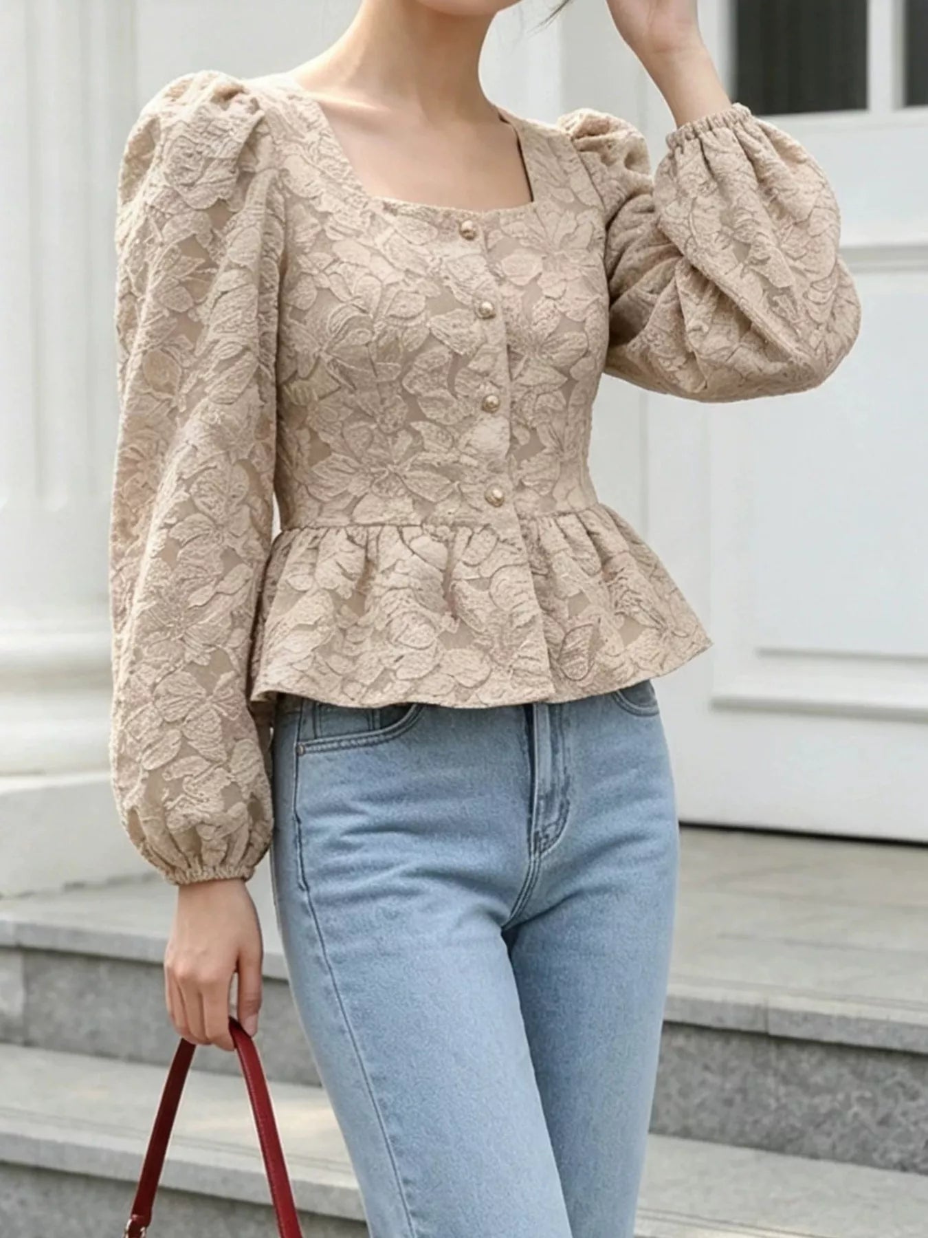 Trendsi Square Neck Textured Peplum Blouse -
