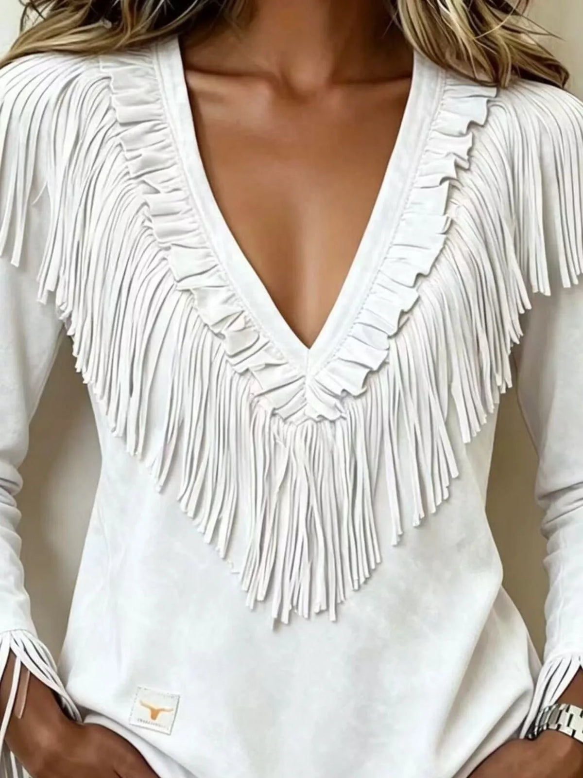 Fringed V-Neck Blouse in white, neckline detail