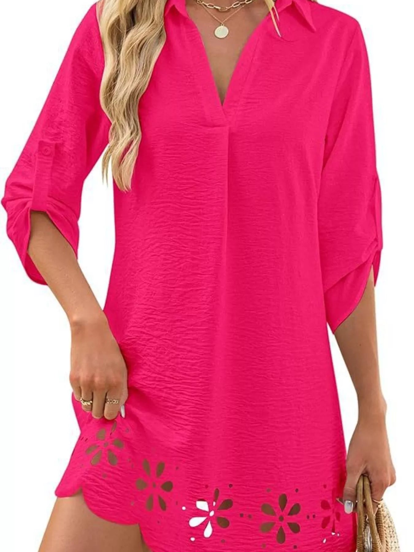 Trendsi Scalloped Eyelet Hem Roll-Up Sleeve Dress -