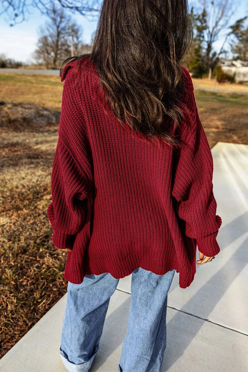 Trendsi Solid Color Knit Oversized Button Front Sweater Cardigan -