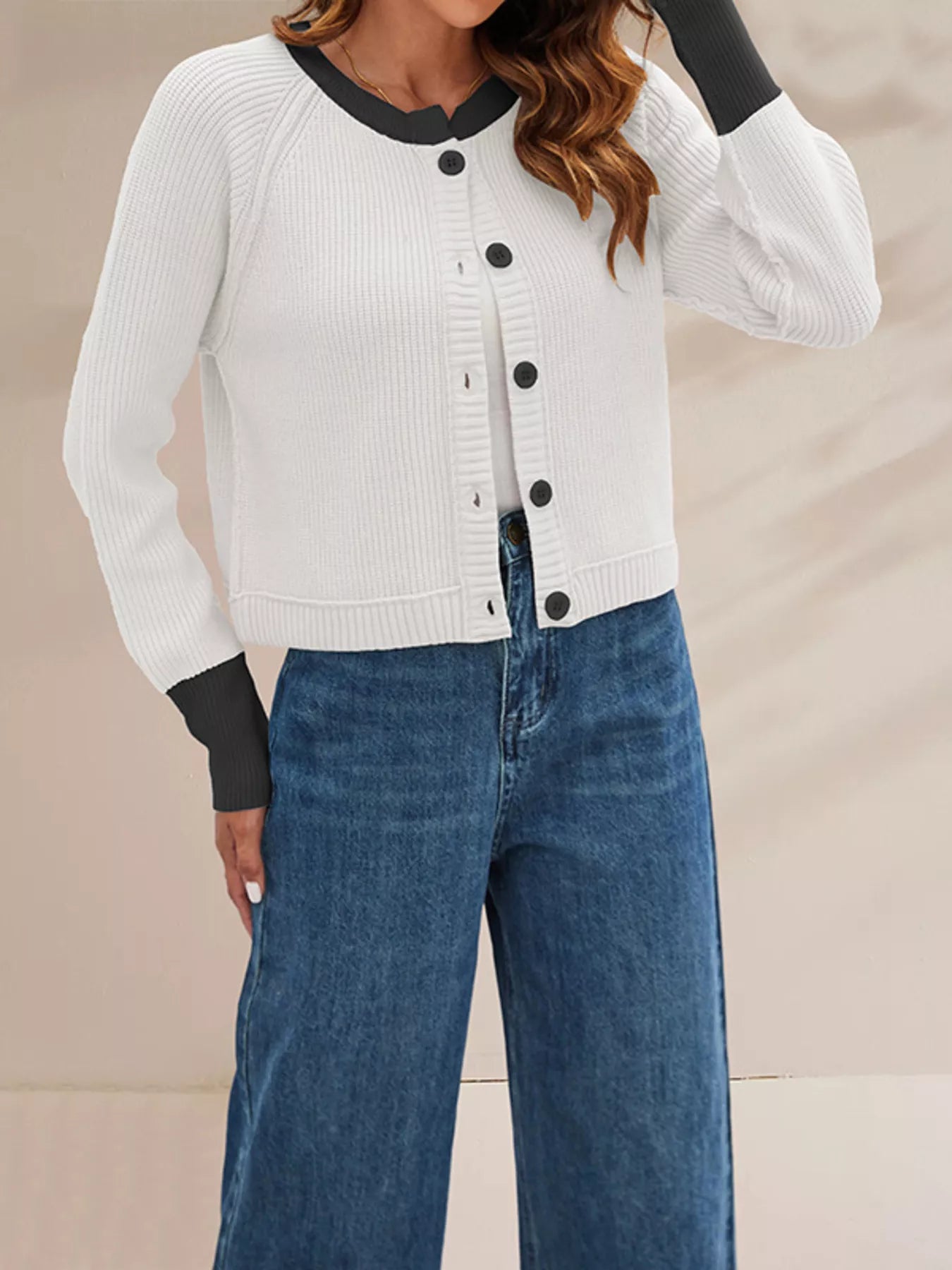 Trendsi Color Block Ribbed Knit Button-Front Cardigan -