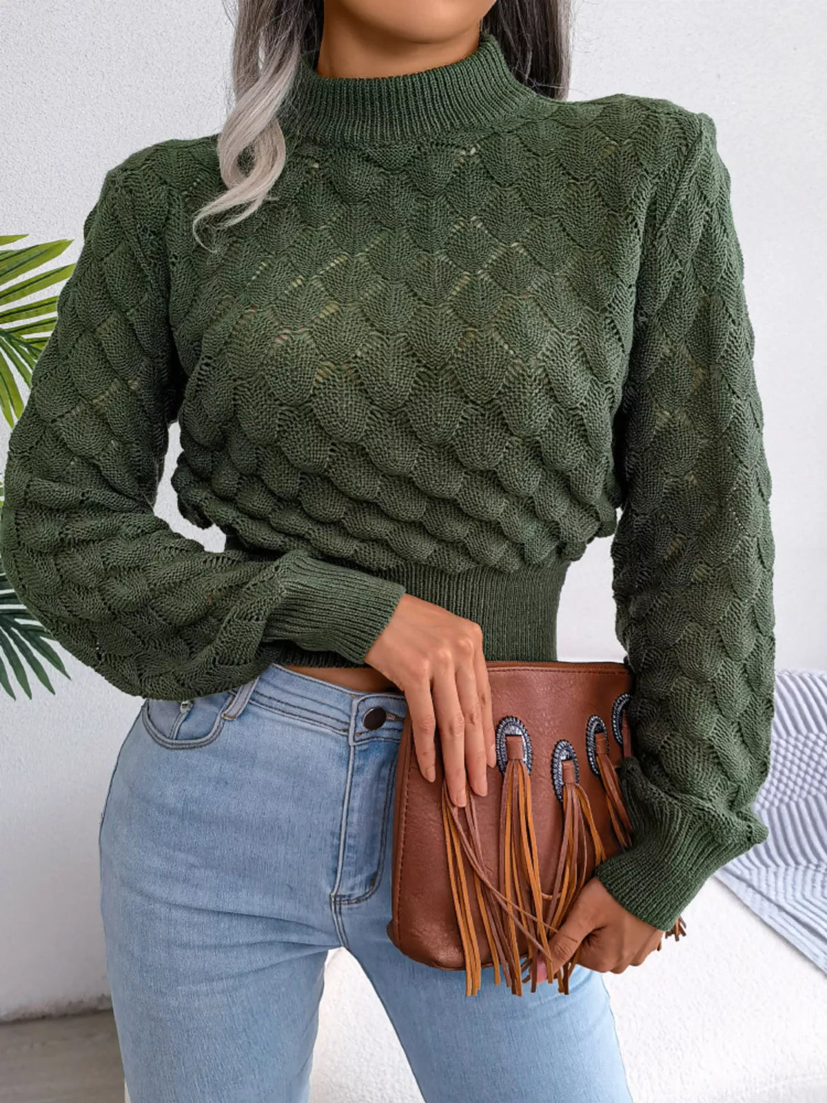Mock Neck Textured Cropped Sweater in green, front view