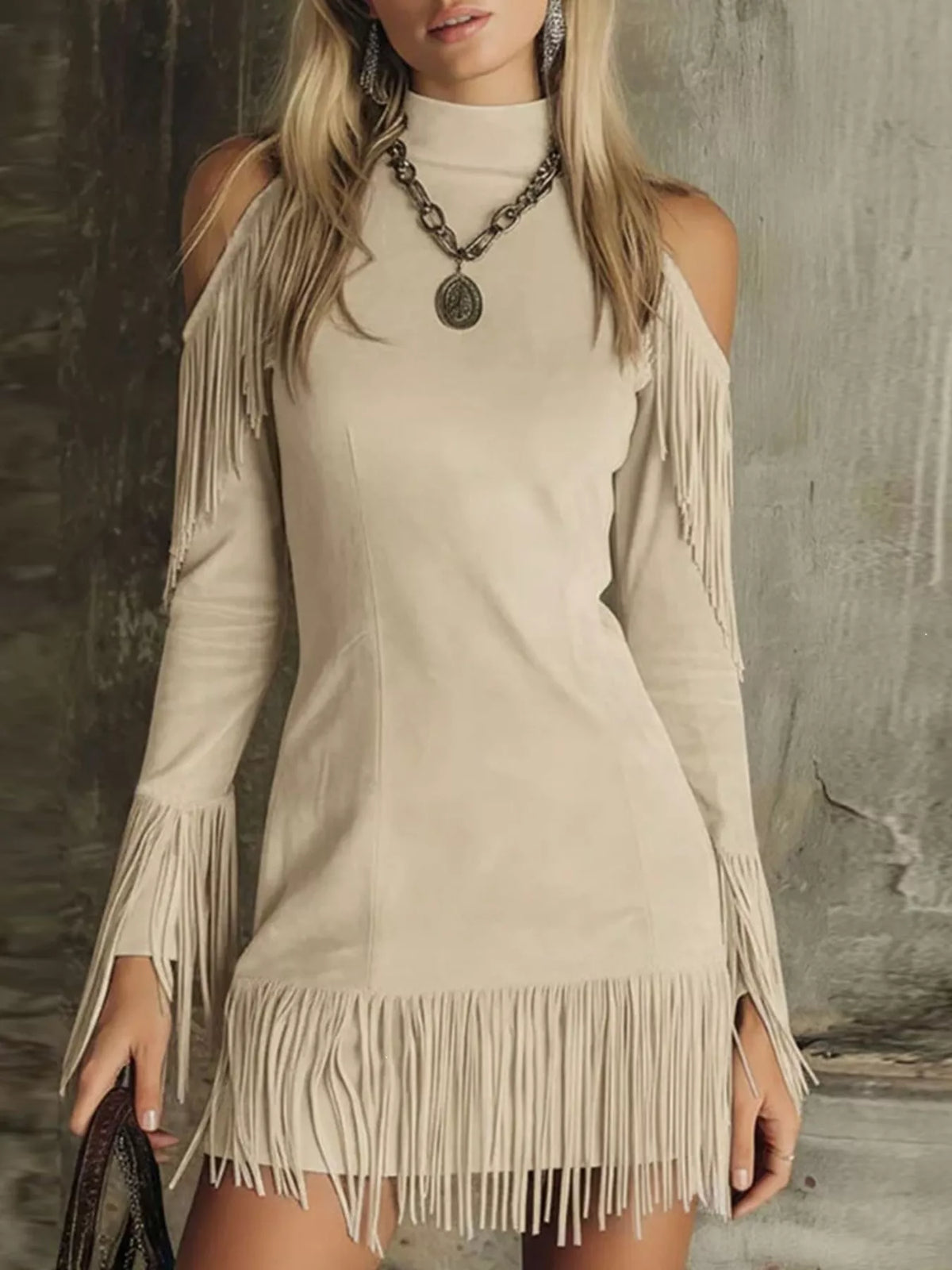 Trendsi Fringed Cold Shoulder Mini Dress -
