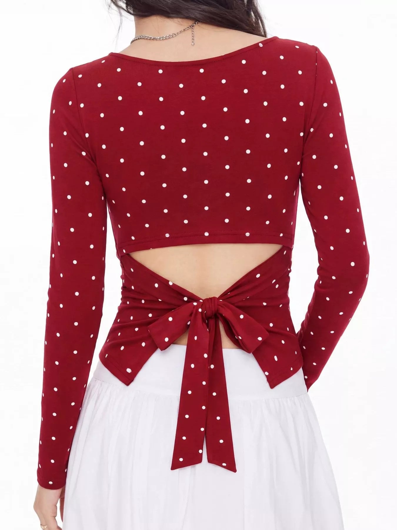 Trendsi Long Sleeve Polka Dot Tie Back T-Shirt -