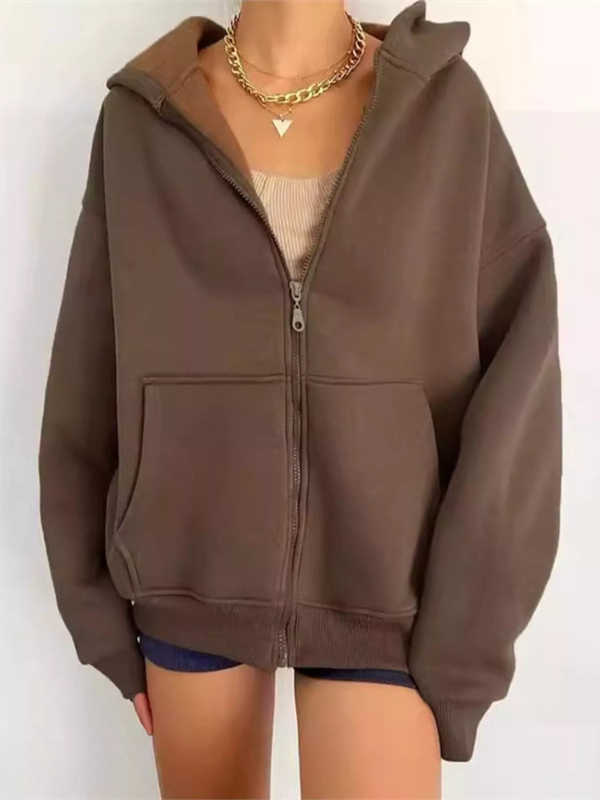 Women's Zip-Up Dropped Shoulder Hoodie in brown — front view