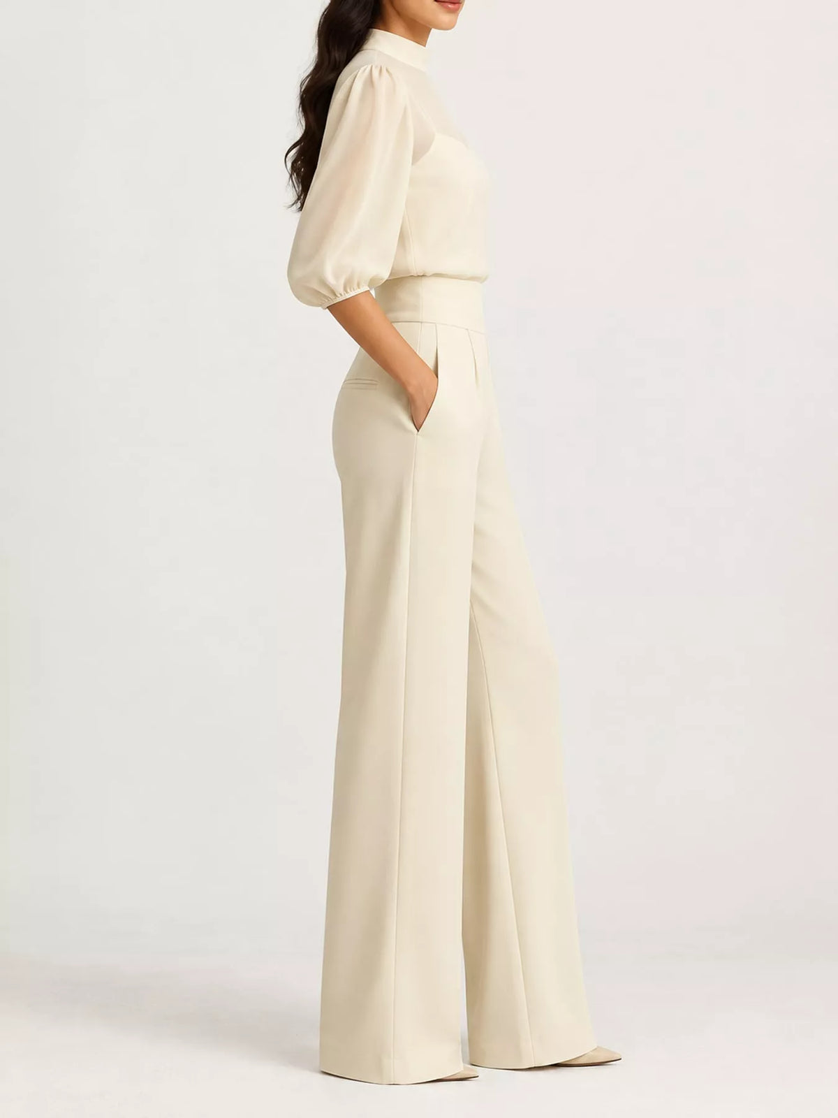 Women's Mock Neck Puff Sleeve Top and Wide Leg Pants Set in cream — side view