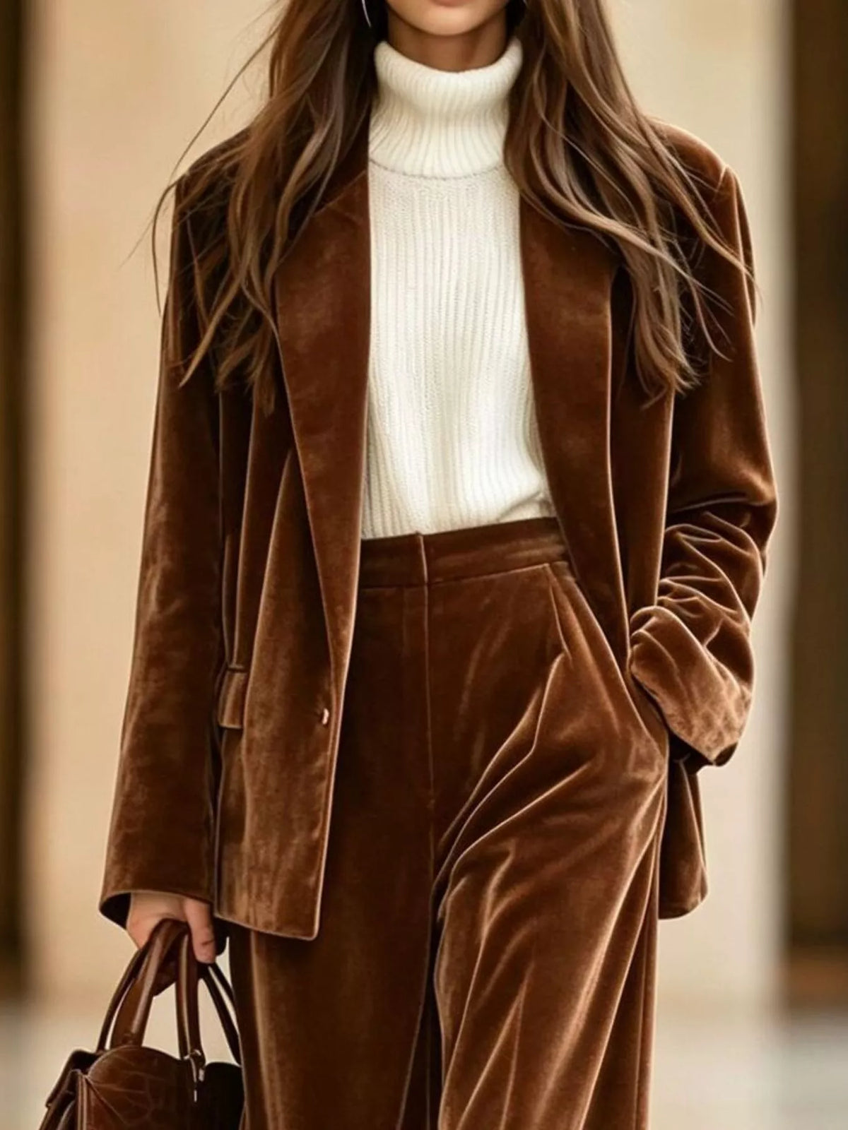 Brown velvet blazer and wide-leg pants set, blazer and waist detail