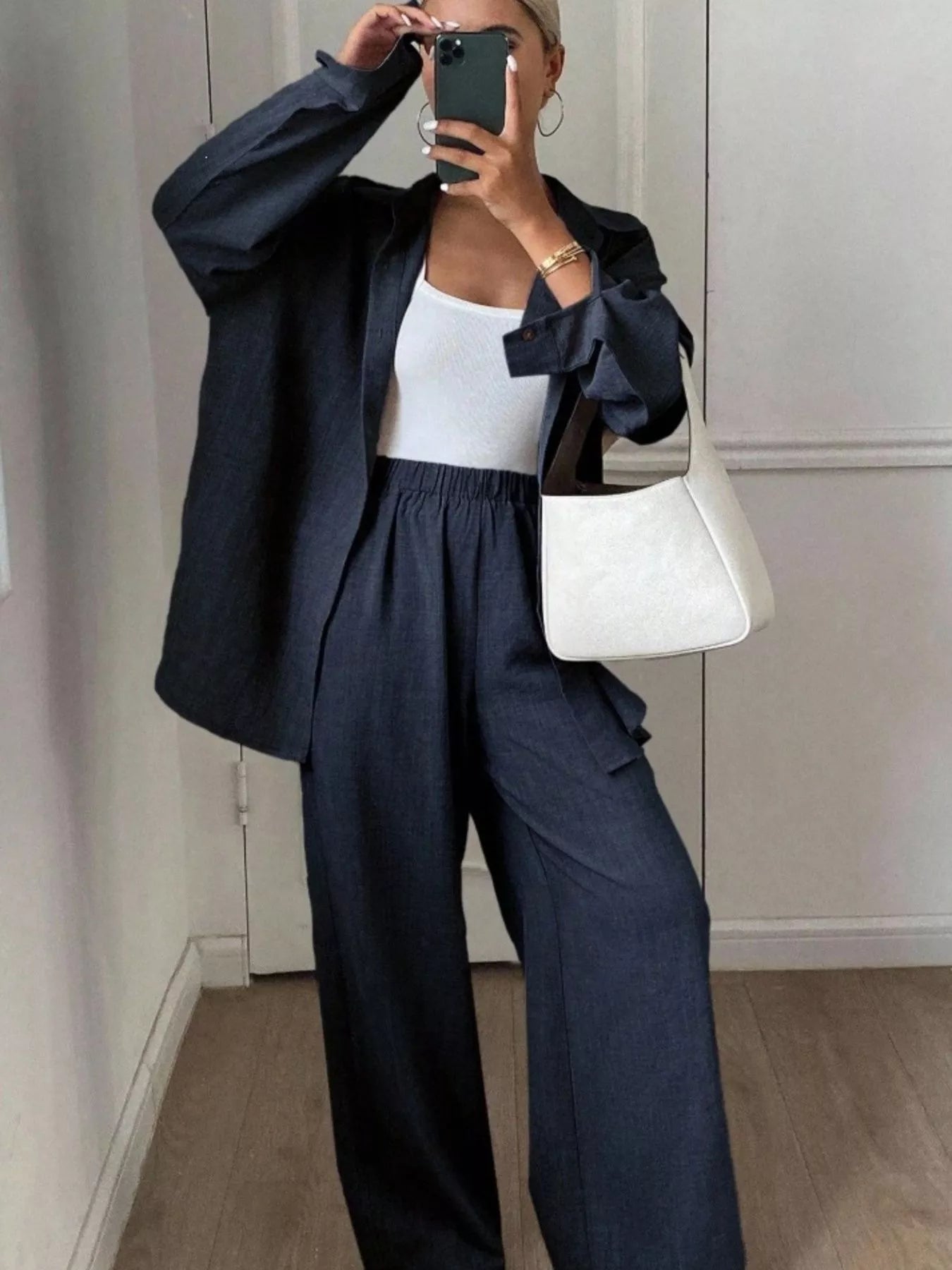 Trendsi Button Up Long Sleeve Shirt and Wide Leg Pants Set -