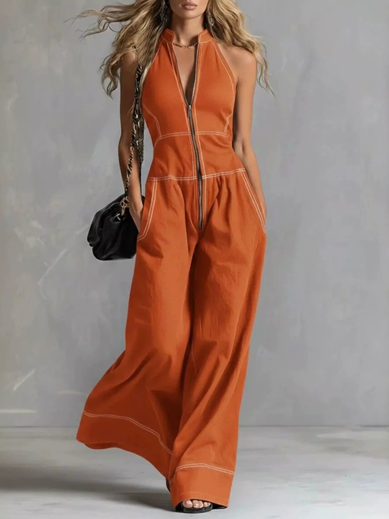 Trendsi Zip Front Sleeveless Wide Leg Jumpsuit -