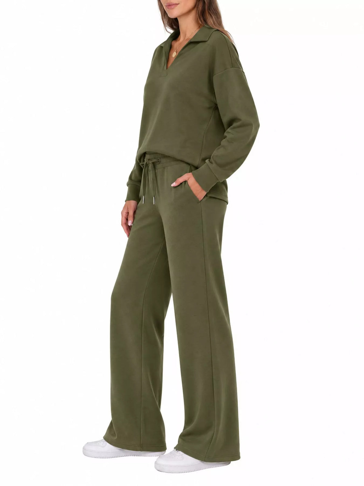 Top and drawstring pants set, olive side