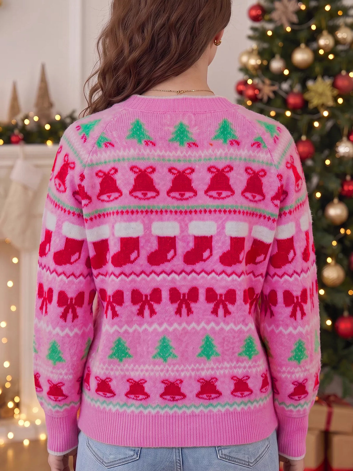 Pink Christmas graphic sweater, back view
