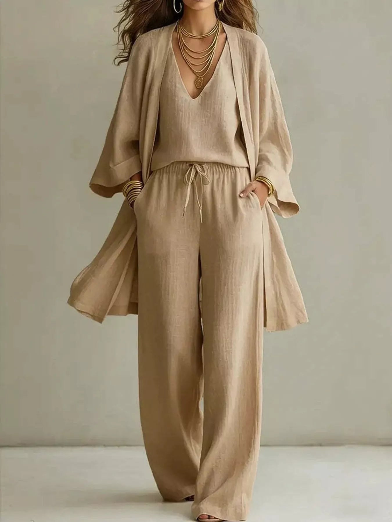 Trendsi V-Neck Top & Cardigan & Pants Three-Piece Set -