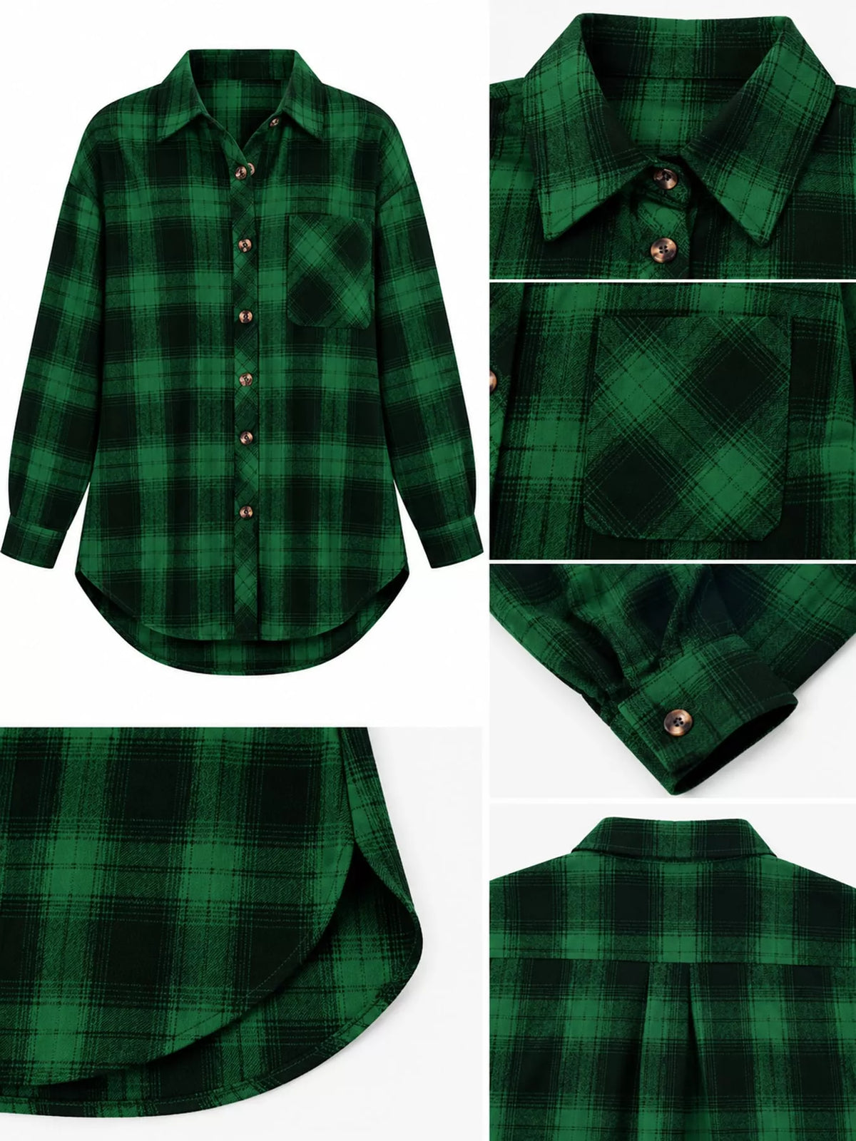 Oversized plaid shirt, green plaid garment details