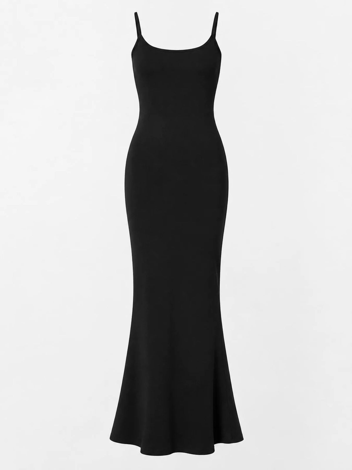 Black bodycon spaghetti strap maxi dress, front view