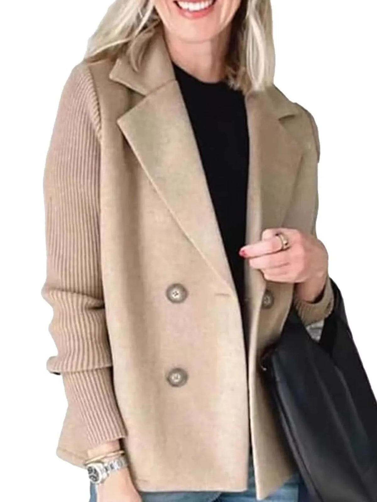 Khaki double-breasted blazer with ribbed knit sleeves