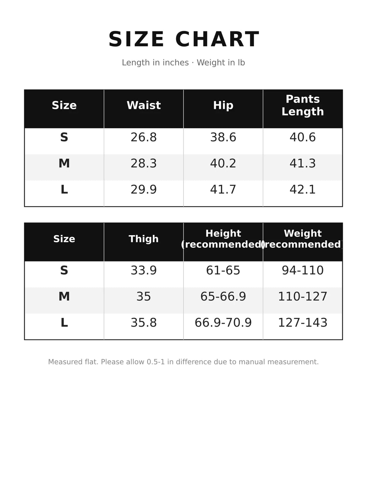 Size chart for pleated wide-leg pants
