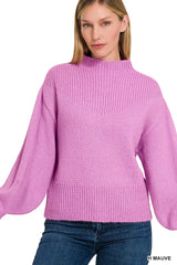 Trendsi Zenana Balloon Sleeve Mock Neck Sweater -