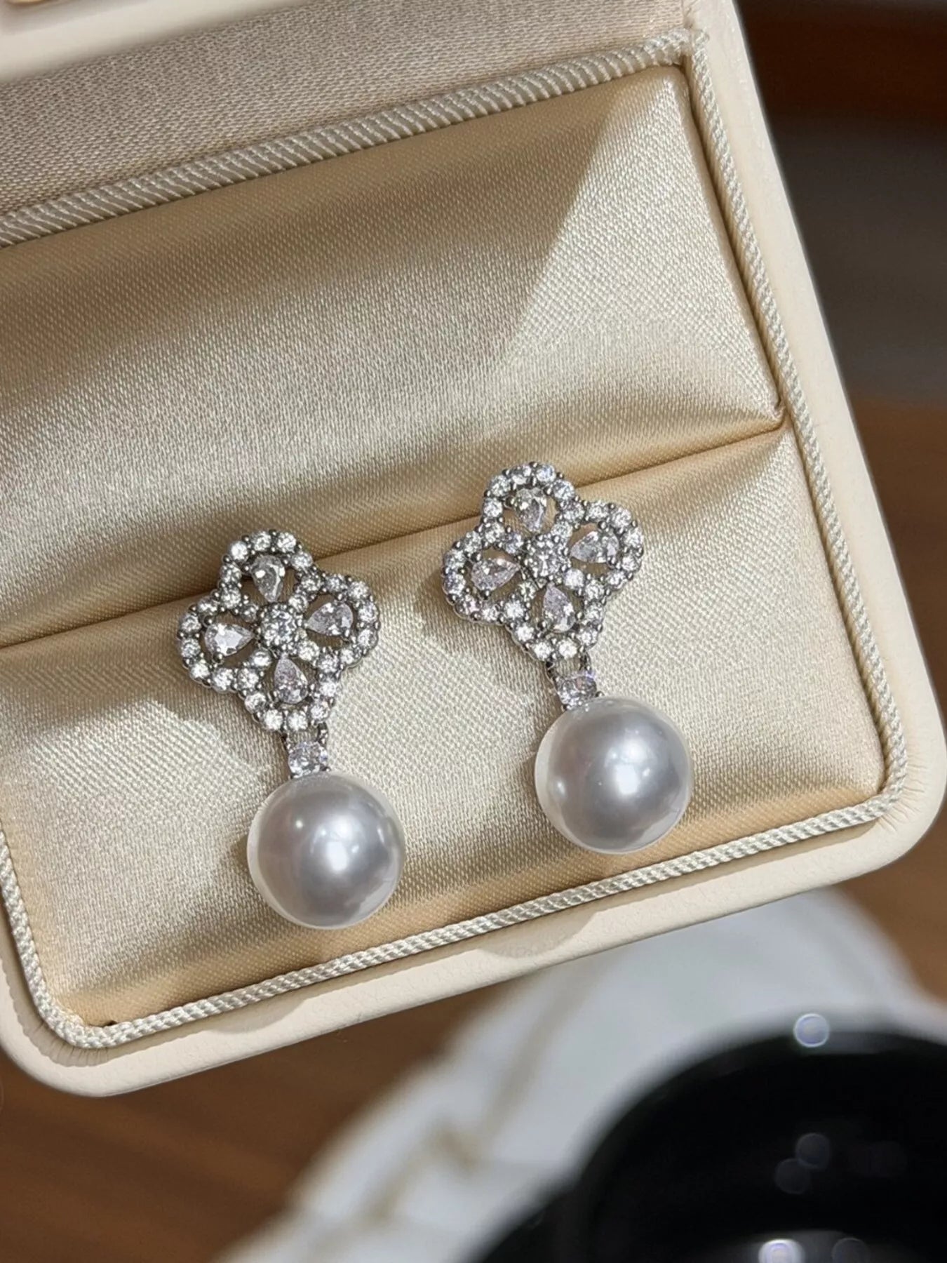 Trendsi Zircon Four Leaf Clover Pearl Drop Earrings -