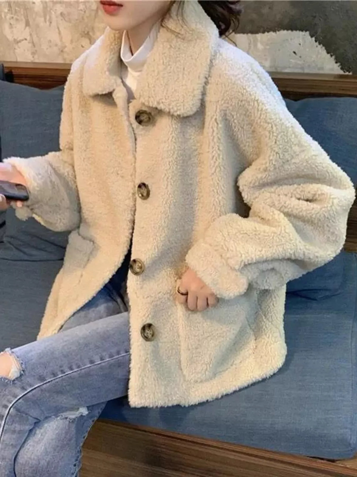 Beige button-down teddy jacket — front view