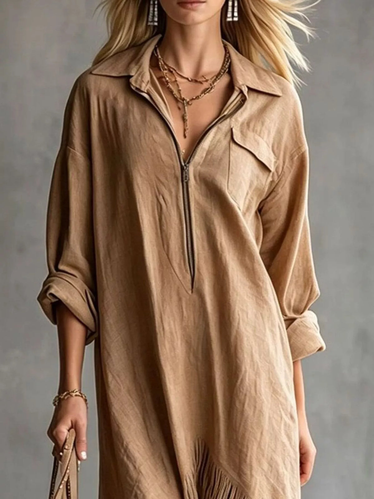 Zipper-Front Fringe Hem Midi Dress in brown, bodice detail
