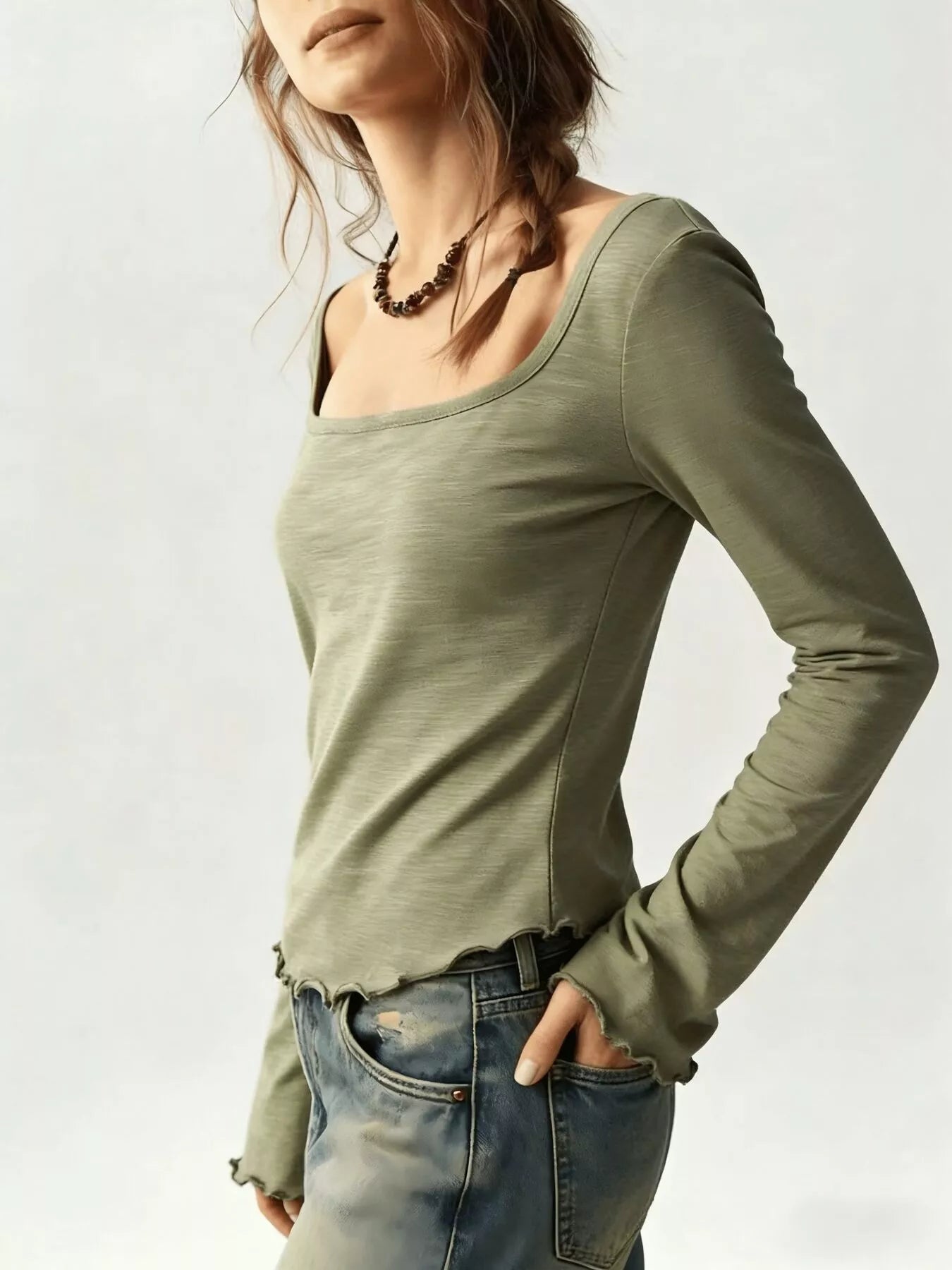 Women's long sleeve square neck slim-fit T-shirt