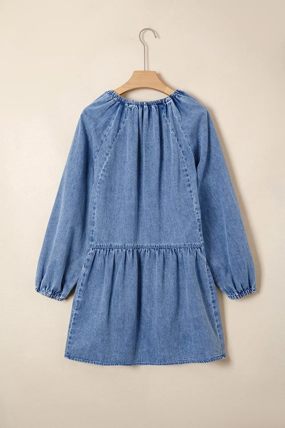 Trendsi Puff Sleeve V Neck Ruffled Loose Denim Mini Dress -