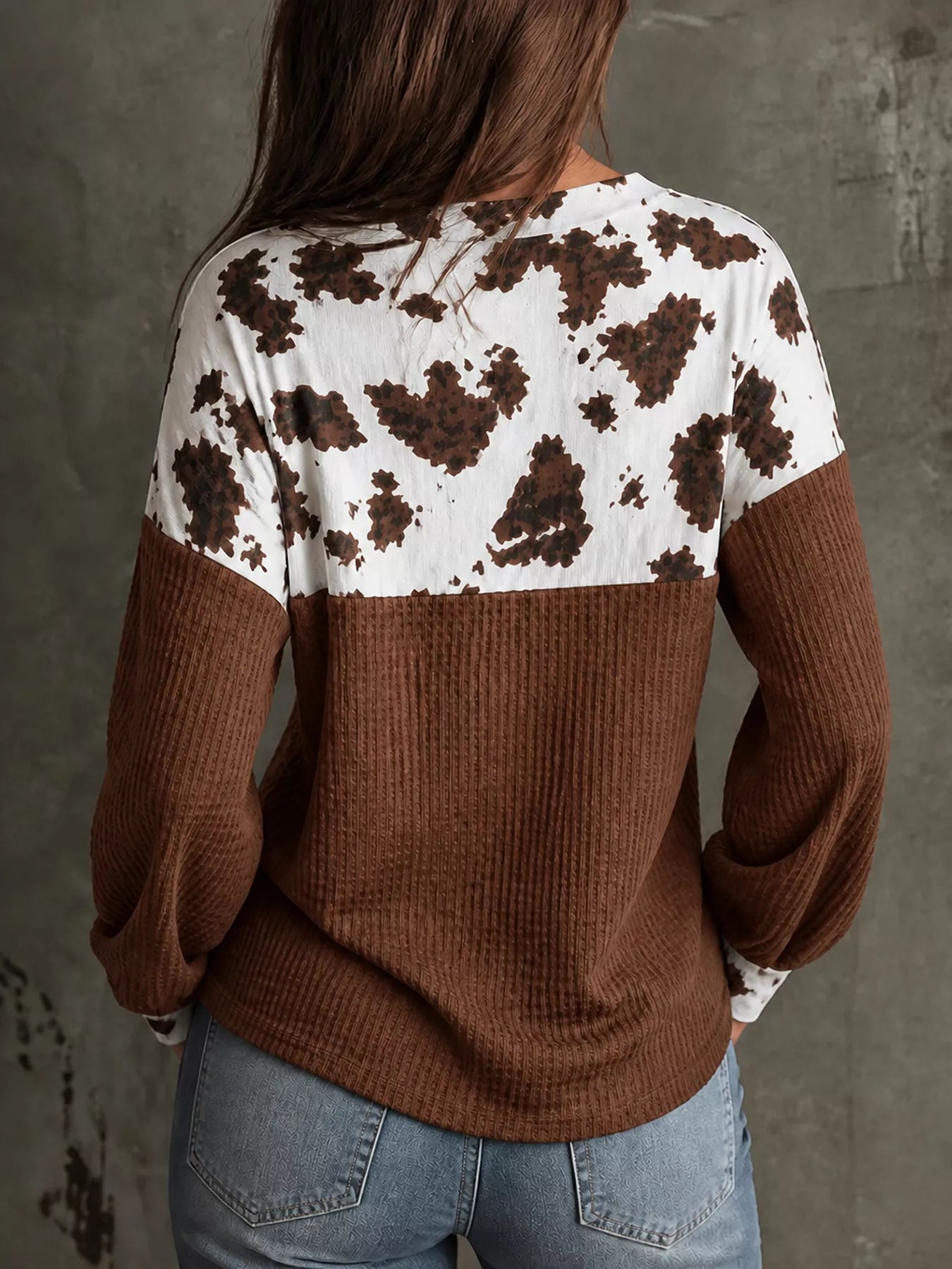Trendsi Cow Print Color Block Waffle Knit Blouse -
