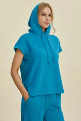 Trendsi Double Take Full Size Texture Drawstring Short Sleeve Hoodie and Pocketed Pants Set -