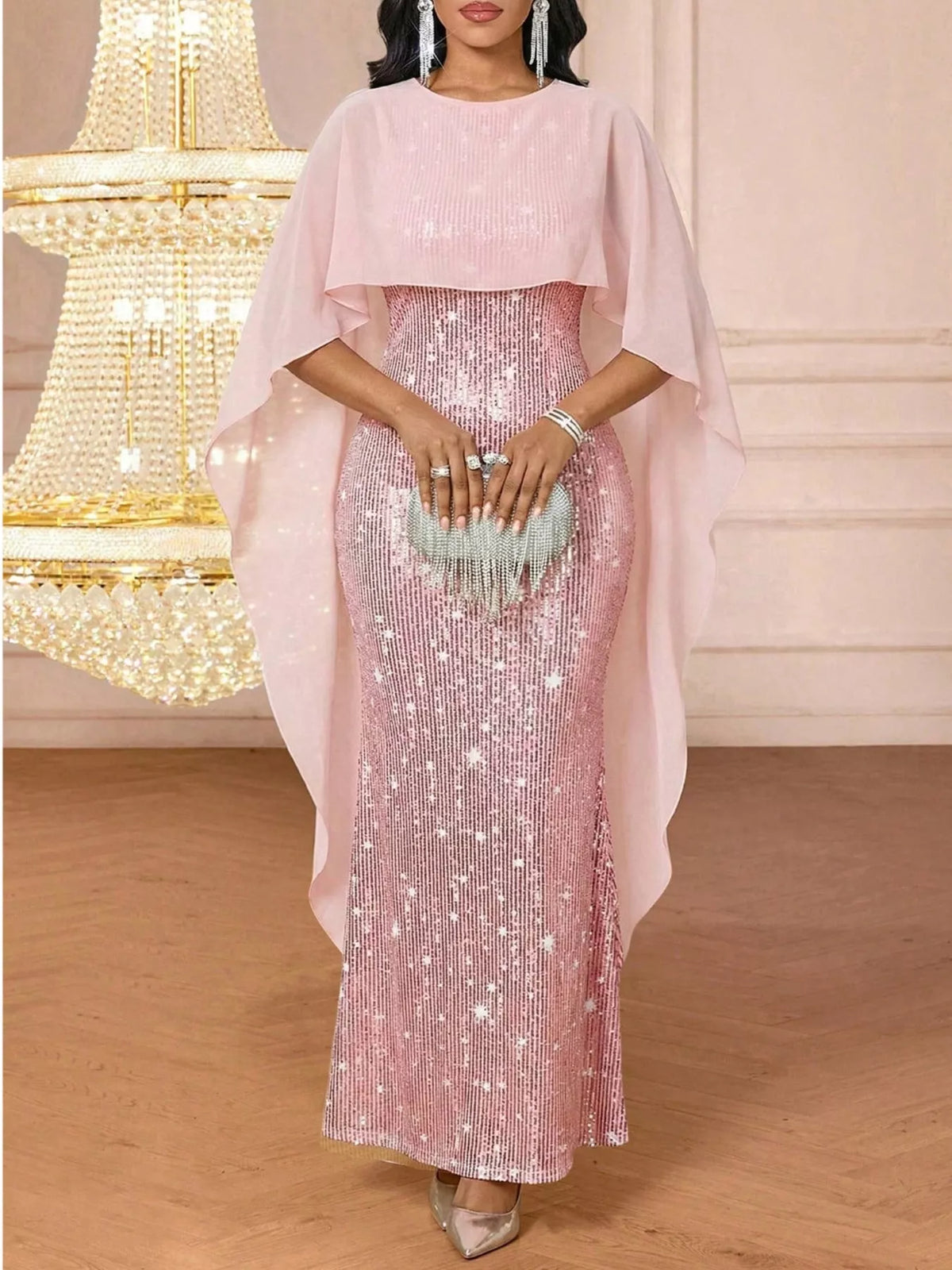 Women's Sequin Cape Overlay Evening Dress in pink — front view
