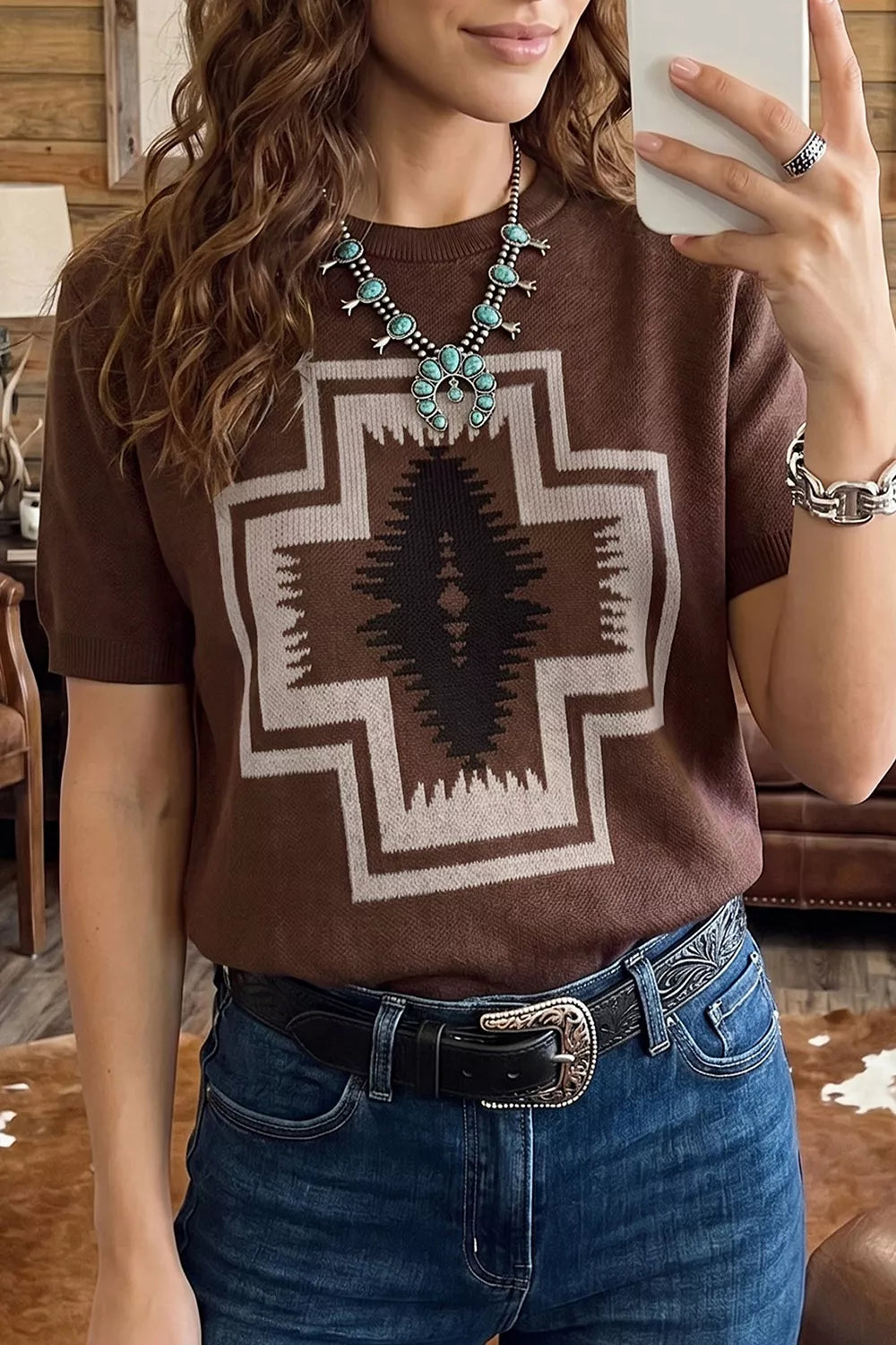 Trendsi Western Graphic Short Sleeve Knit Casual Sweater -