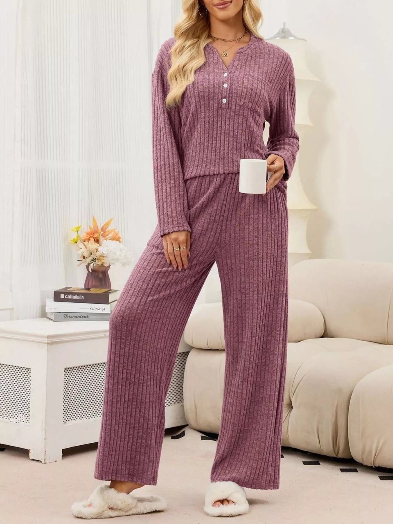 Trendsi Ribbed Knit Top and Wide-Leg Pants Set -