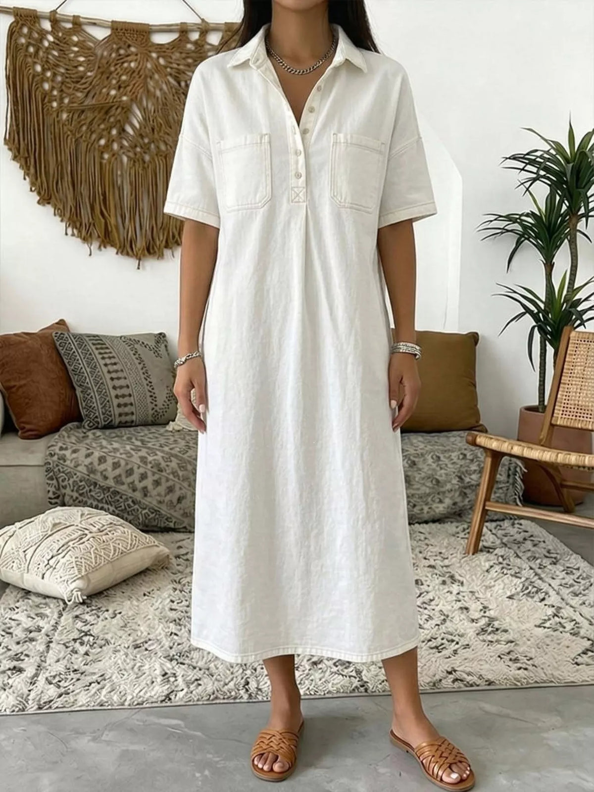 White short sleeve dress with chest pockets — front view