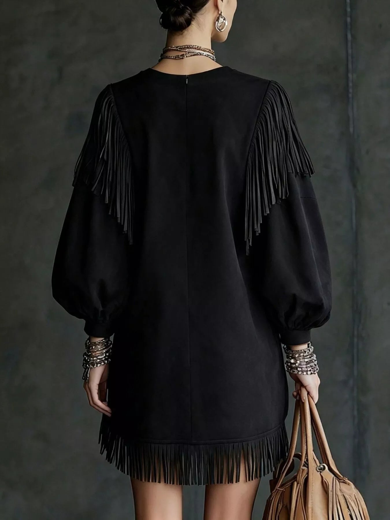 Trendsi Fringe Detail Lantern Sleeve Mini Dress -